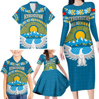 Kyrgyzstan Mountain Sunrise Family Matching Long Sleeve Bodycon Dress and Hawaiian Shirt with Blue with Eagle, Sun, and National Flag Design