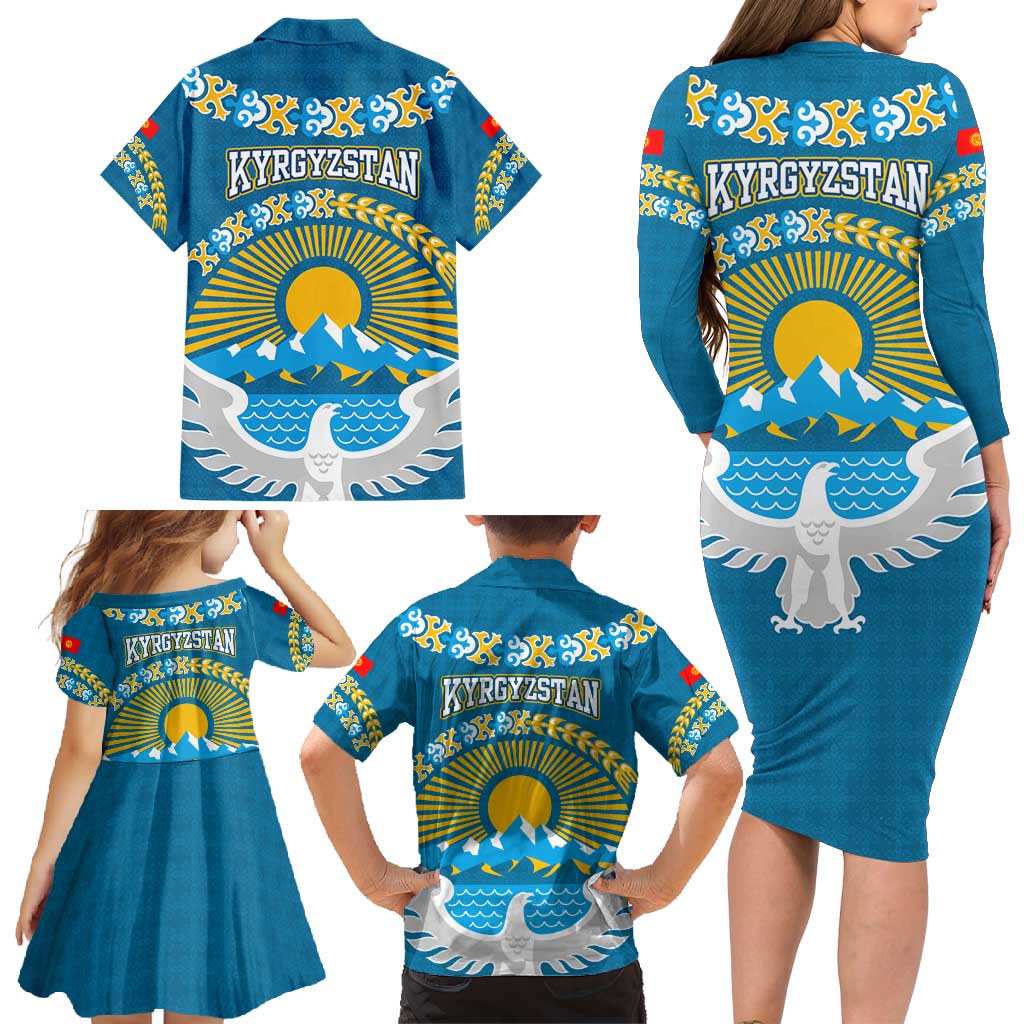 Kyrgyzstan Mountain Sunrise Family Matching Long Sleeve Bodycon Dress and Hawaiian Shirt with Blue with Eagle, Sun, and National Flag Design