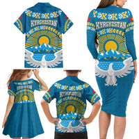 Kyrgyzstan Mountain Sunrise Family Matching Long Sleeve Bodycon Dress and Hawaiian Shirt with Blue with Eagle, Sun, and National Flag Design