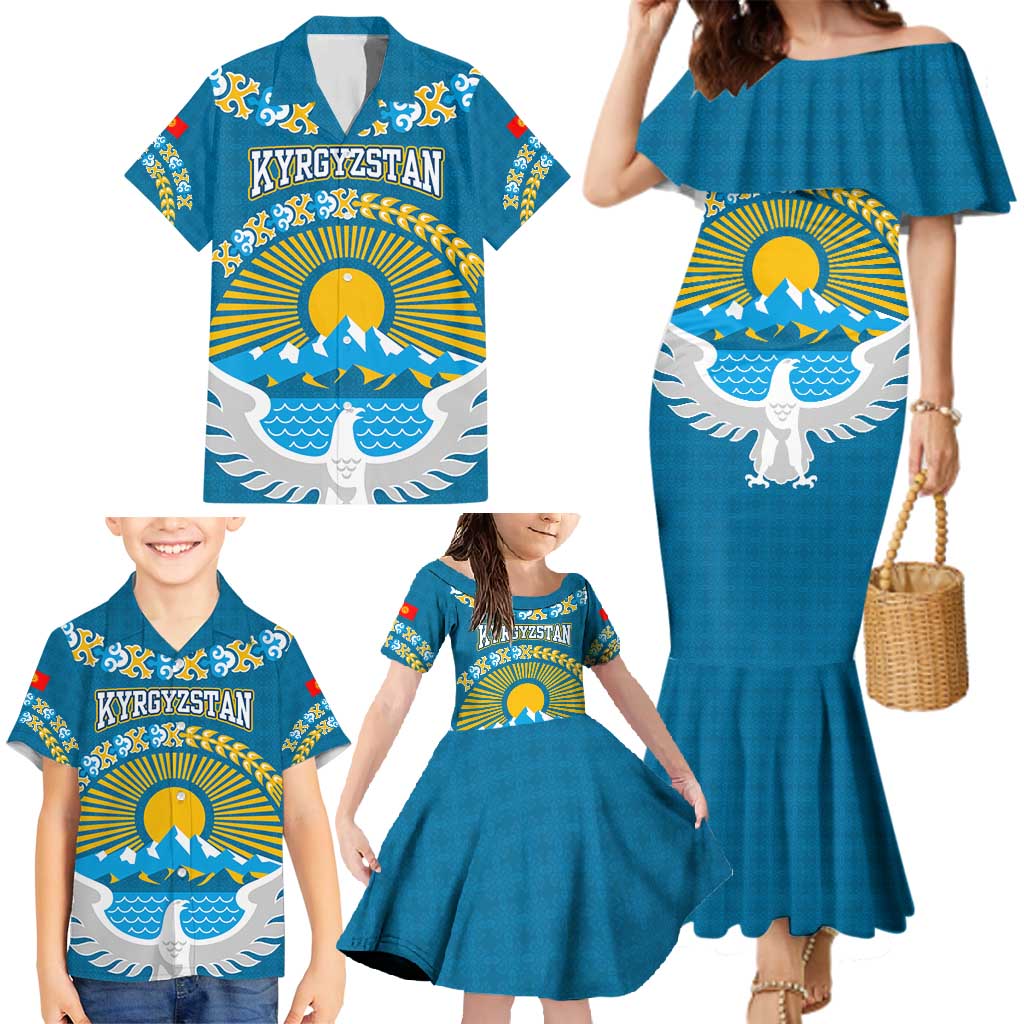 Kyrgyzstan Mountain Sunrise Family Matching Mermaid Dress and Hawaiian Shirt with Blue with Eagle, Sun, and National Flag Design