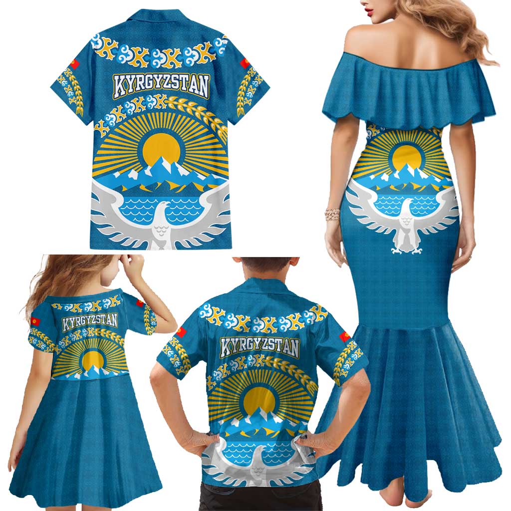 Kyrgyzstan Mountain Sunrise Family Matching Mermaid Dress and Hawaiian Shirt with Blue with Eagle, Sun, and National Flag Design