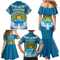 Kyrgyzstan Mountain Sunrise Family Matching Mermaid Dress and Hawaiian Shirt with Blue with Eagle, Sun, and National Flag Design