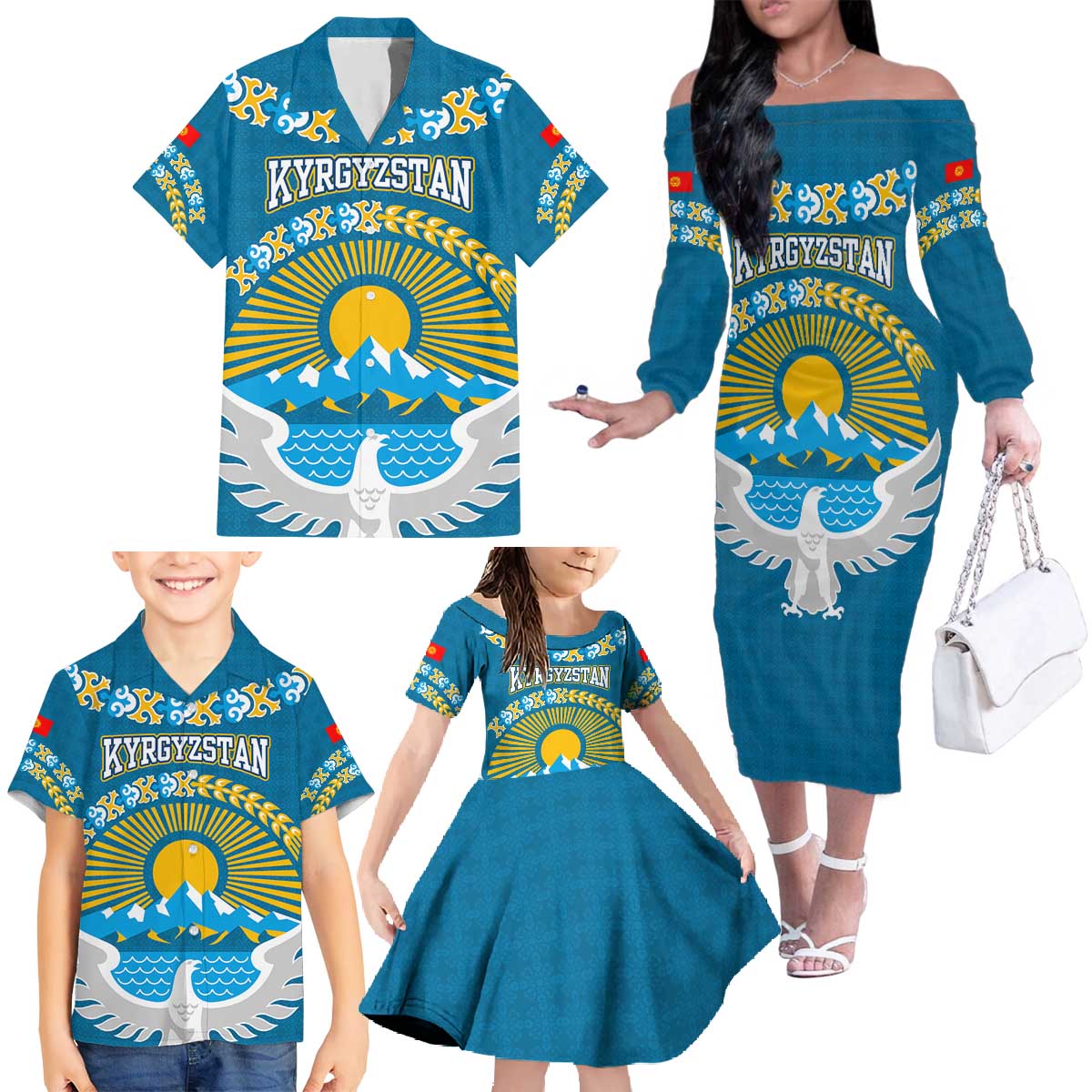 Kyrgyzstan Mountain Sunrise Family Matching Off The Shoulder Long Sleeve Dress and Hawaiian Shirt with Blue with Eagle, Sun, and National Flag Design