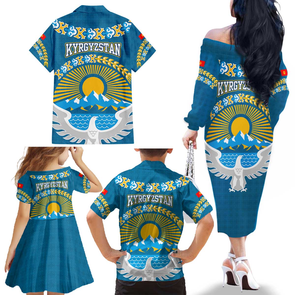 Kyrgyzstan Mountain Sunrise Family Matching Off The Shoulder Long Sleeve Dress and Hawaiian Shirt with Blue with Eagle, Sun, and National Flag Design