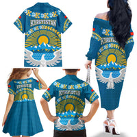 Kyrgyzstan Mountain Sunrise Family Matching Off The Shoulder Long Sleeve Dress and Hawaiian Shirt with Blue with Eagle, Sun, and National Flag Design