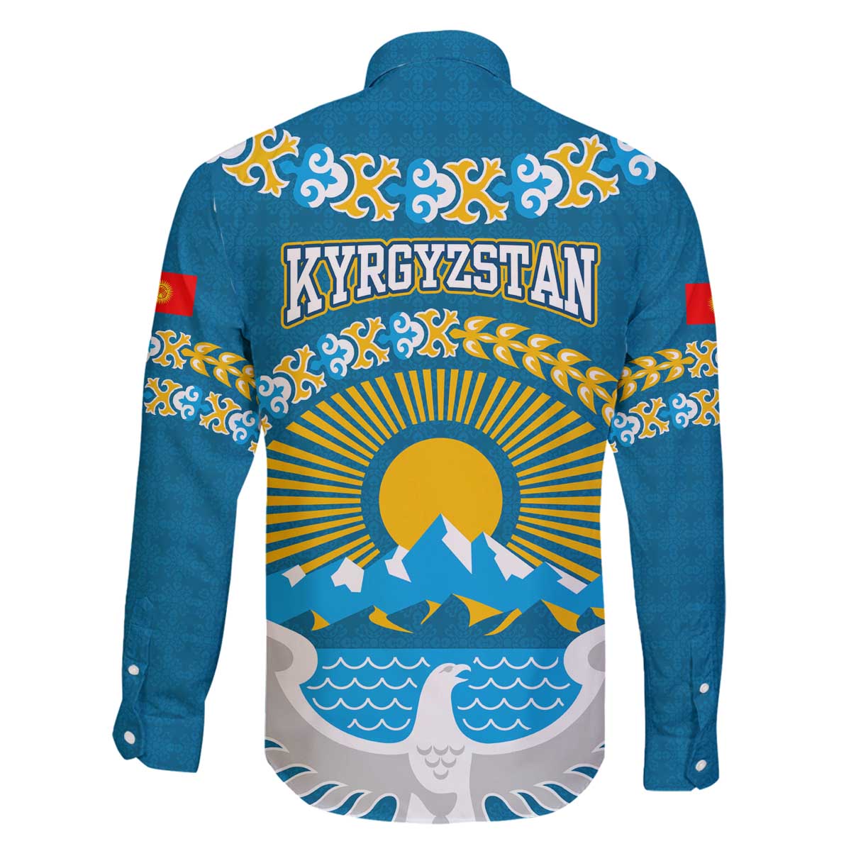Kyrgyzstan Mountain Sunrise Family Matching Off The Shoulder Long Sleeve Dress and Hawaiian Shirt with Blue with Eagle, Sun, and National Flag Design
