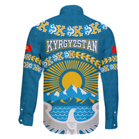 Kyrgyzstan Mountain Sunrise Family Matching Off The Shoulder Long Sleeve Dress and Hawaiian Shirt with Blue with Eagle, Sun, and National Flag Design