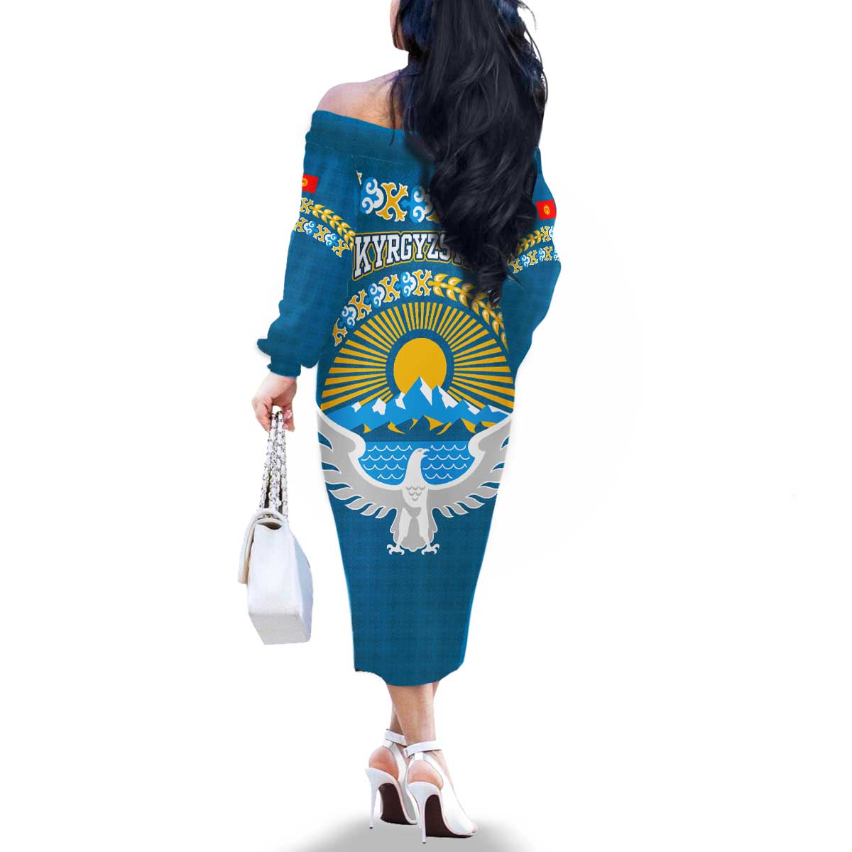 Kyrgyzstan Mountain Sunrise Family Matching Off The Shoulder Long Sleeve Dress and Hawaiian Shirt with Blue with Eagle, Sun, and National Flag Design