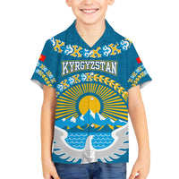 Kyrgyzstan Mountain Sunrise Family Matching Off The Shoulder Long Sleeve Dress and Hawaiian Shirt with Blue with Eagle, Sun, and National Flag Design