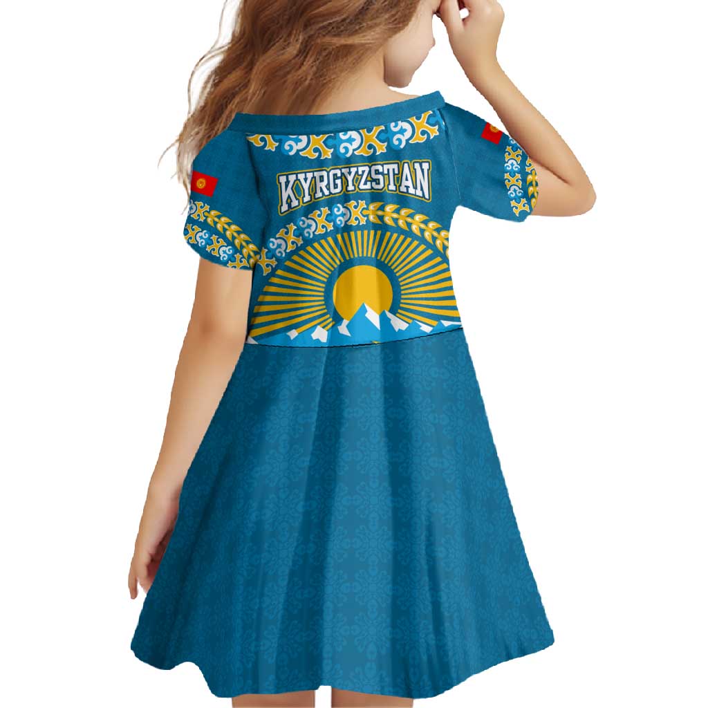 Kyrgyzstan Mountain Sunrise Family Matching Off Shoulder Maxi Dress and Hawaiian Shirt with Blue with Eagle, Sun, and National Flag Design