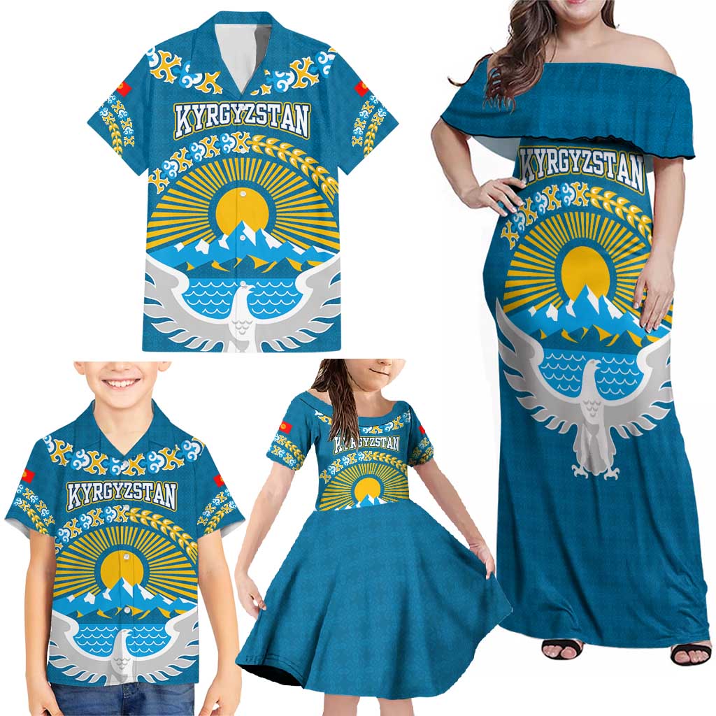 Kyrgyzstan Mountain Sunrise Family Matching Off Shoulder Maxi Dress and Hawaiian Shirt with Blue with Eagle, Sun, and National Flag Design