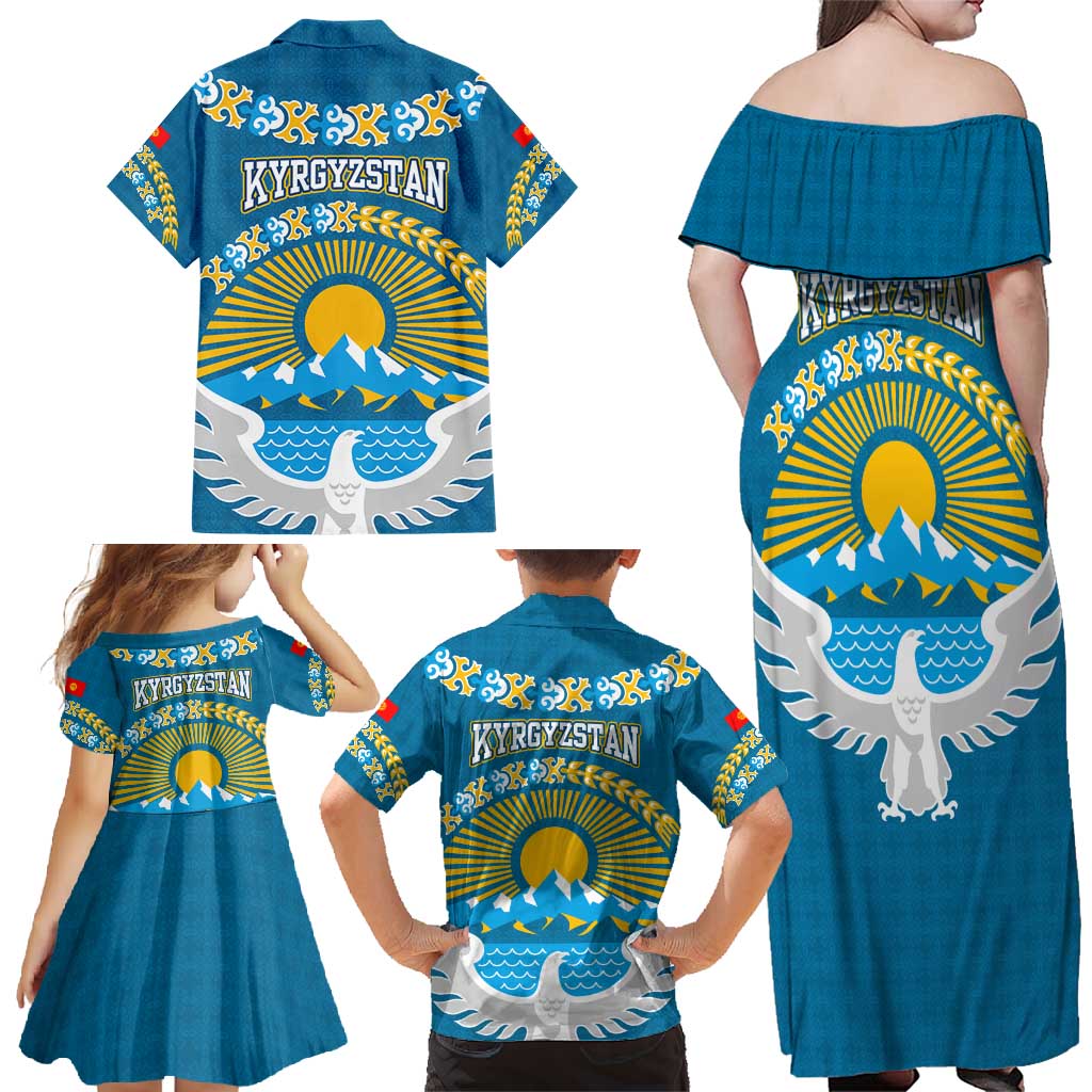 Kyrgyzstan Mountain Sunrise Family Matching Off Shoulder Maxi Dress and Hawaiian Shirt with Blue with Eagle, Sun, and National Flag Design