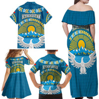 Kyrgyzstan Mountain Sunrise Family Matching Off Shoulder Maxi Dress and Hawaiian Shirt with Blue with Eagle, Sun, and National Flag Design