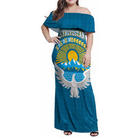 Kyrgyzstan Mountain Sunrise Family Matching Off Shoulder Maxi Dress and Hawaiian Shirt with Blue with Eagle, Sun, and National Flag Design