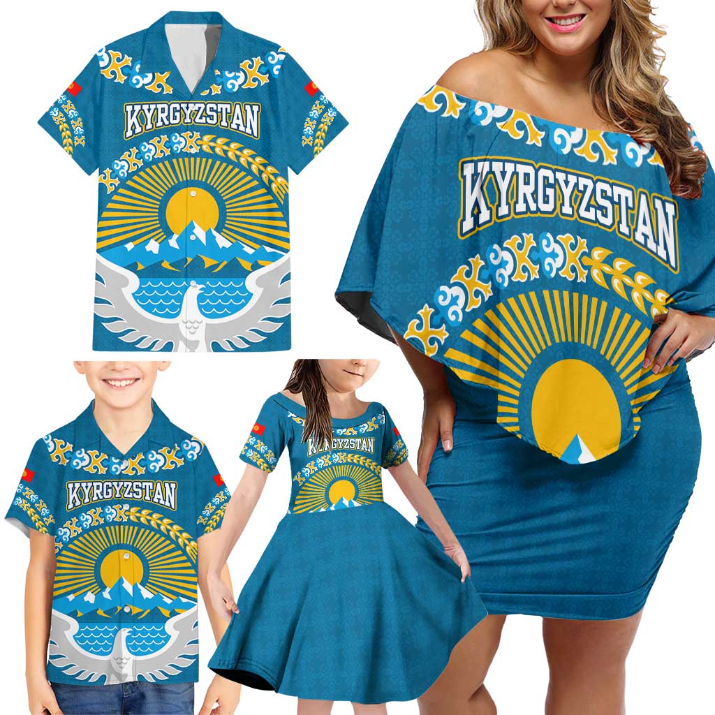 Kyrgyzstan Mountain Sunrise Family Matching Off Shoulder Short Dress and Hawaiian Shirt with Blue with Eagle, Sun, and National Flag Design