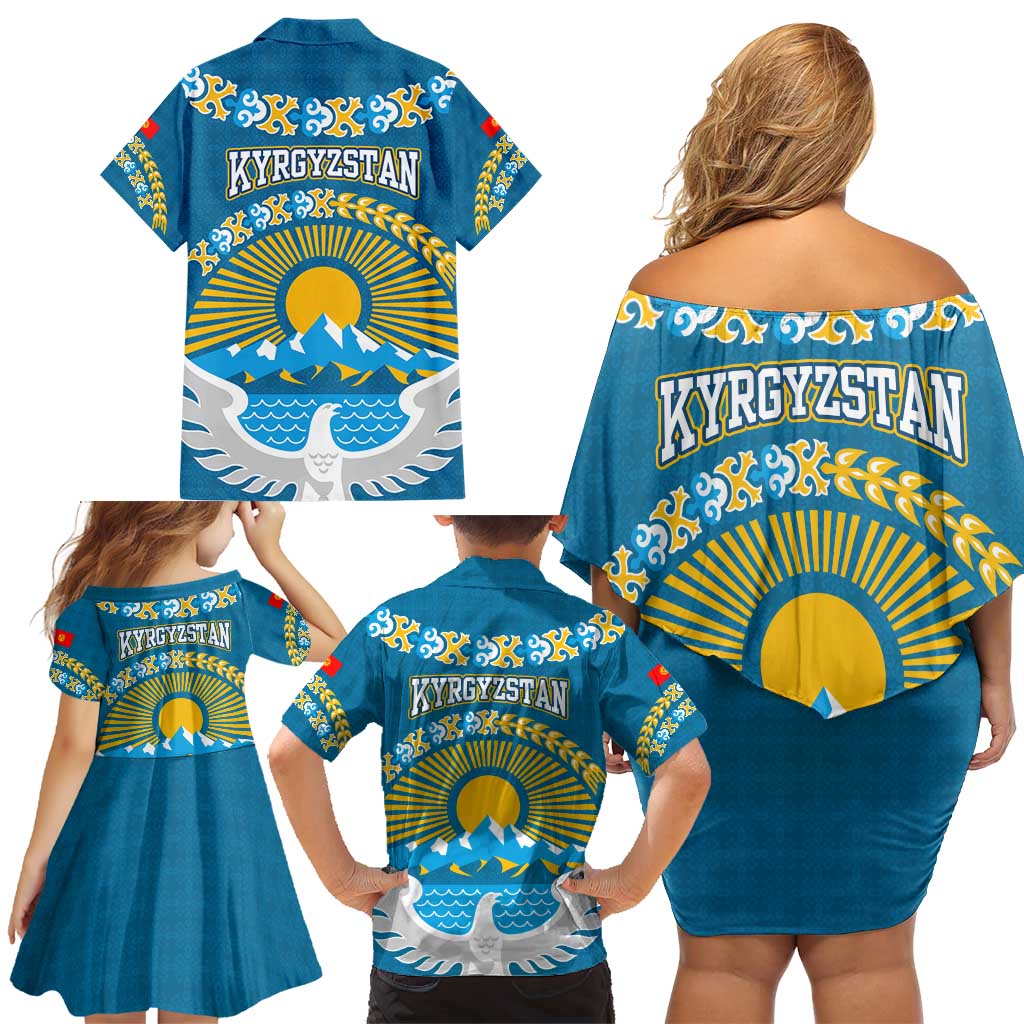 Kyrgyzstan Mountain Sunrise Family Matching Off Shoulder Short Dress and Hawaiian Shirt with Blue with Eagle, Sun, and National Flag Design