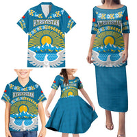 Kyrgyzstan Mountain Sunrise Family Matching Puletasi and Hawaiian Shirt with Blue with Eagle, Sun, and National Flag Design