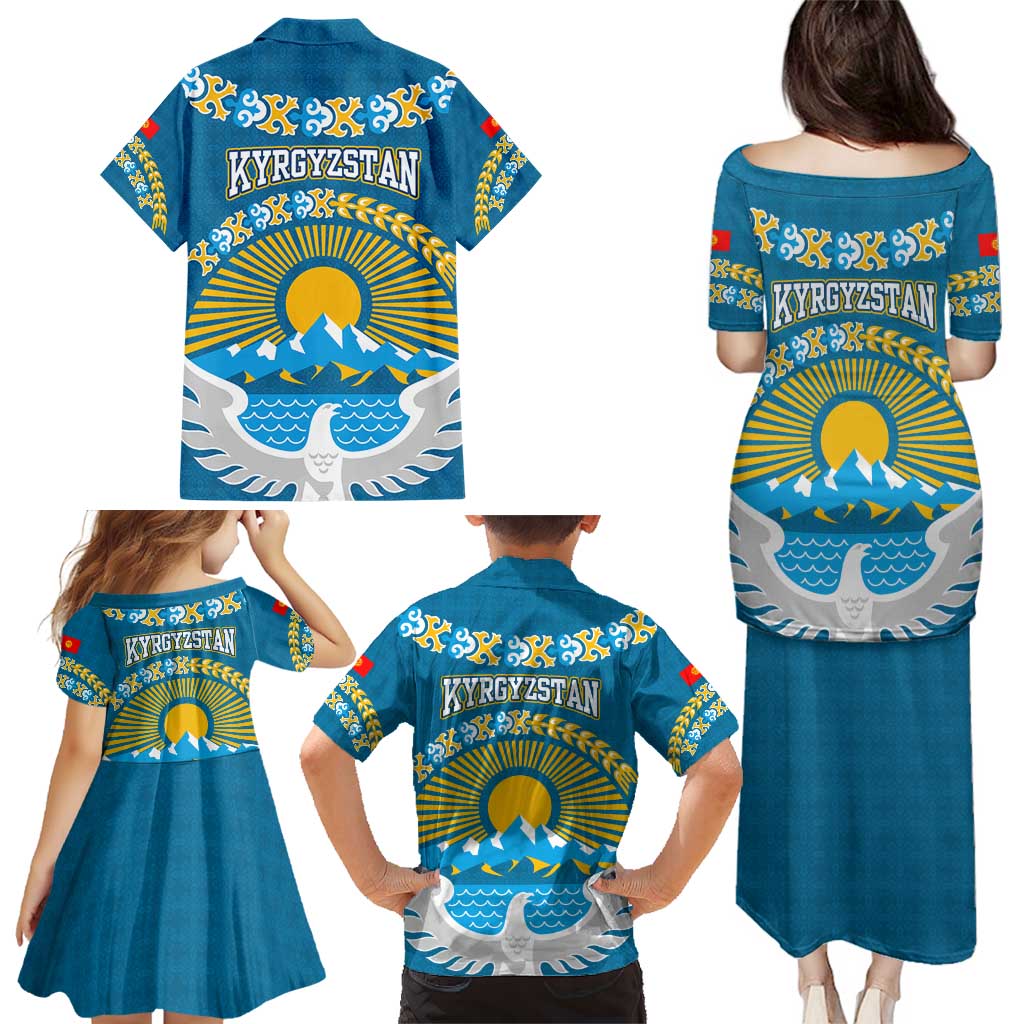 Kyrgyzstan Mountain Sunrise Family Matching Puletasi and Hawaiian Shirt with Blue with Eagle, Sun, and National Flag Design