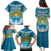 Kyrgyzstan Mountain Sunrise Family Matching Puletasi and Hawaiian Shirt with Blue with Eagle, Sun, and National Flag Design