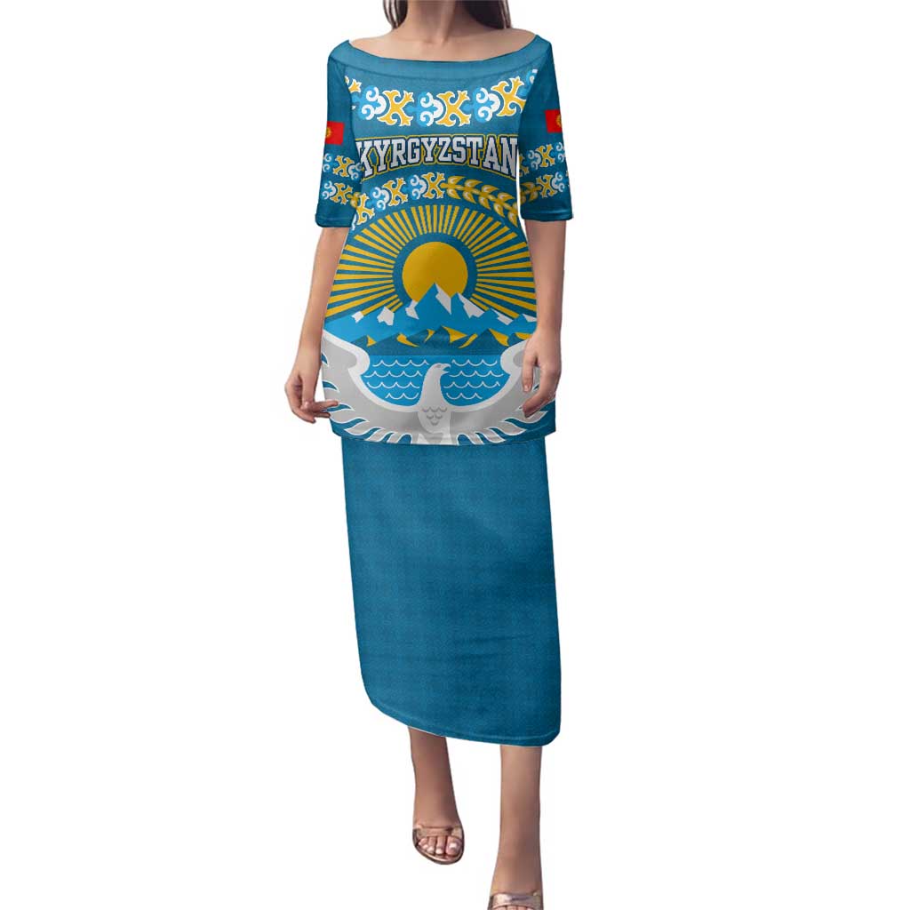 Kyrgyzstan Mountain Sunrise Family Matching Puletasi and Hawaiian Shirt with Blue with Eagle, Sun, and National Flag Design