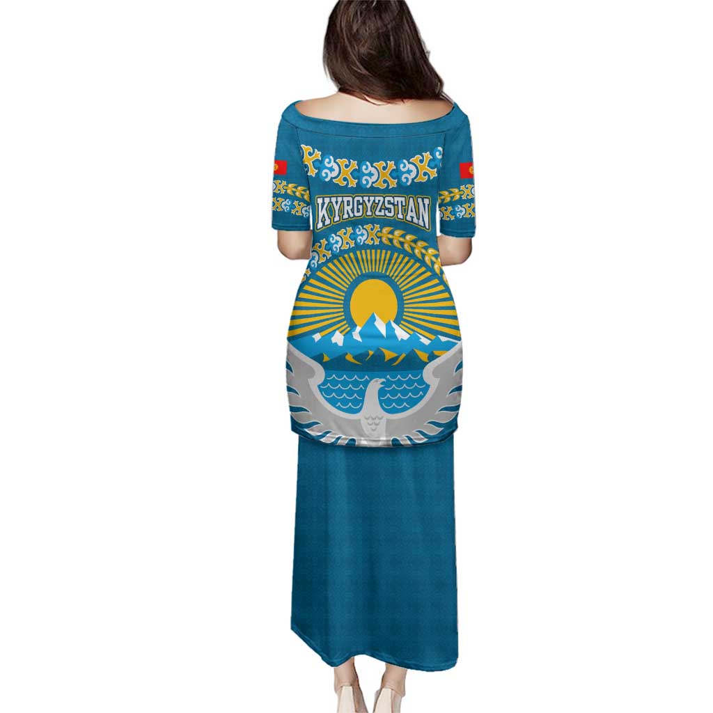 Kyrgyzstan Mountain Sunrise Family Matching Puletasi and Hawaiian Shirt with Blue with Eagle, Sun, and National Flag Design