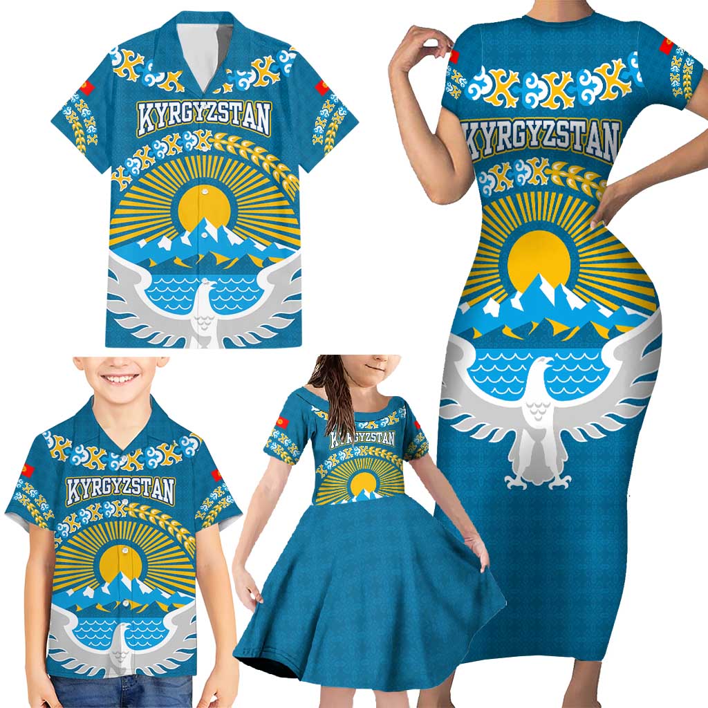 Kyrgyzstan Mountain Sunrise Family Matching Short Sleeve Bodycon Dress and Hawaiian Shirt with Blue with Eagle, Sun, and National Flag Design