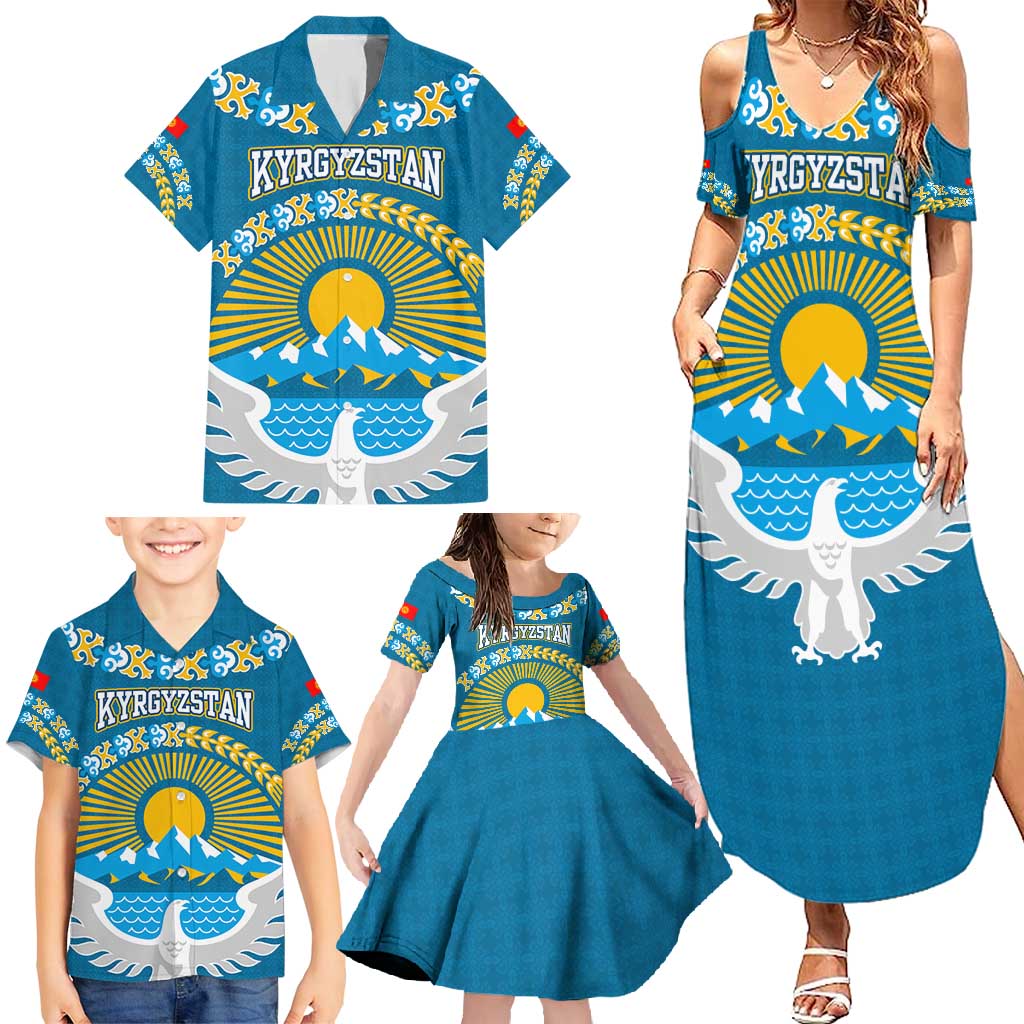 Kyrgyzstan Mountain Sunrise Family Matching Summer Maxi Dress and Hawaiian Shirt with Blue with Eagle, Sun, and National Flag Design