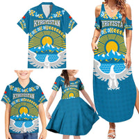 Kyrgyzstan Mountain Sunrise Family Matching Summer Maxi Dress and Hawaiian Shirt with Blue with Eagle, Sun, and National Flag Design