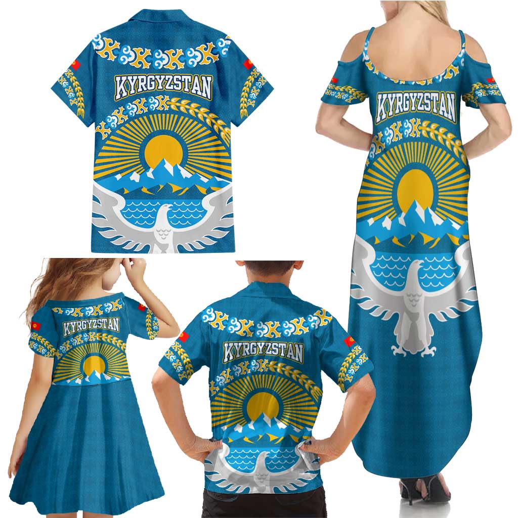 Kyrgyzstan Mountain Sunrise Family Matching Summer Maxi Dress and Hawaiian Shirt with Blue with Eagle, Sun, and National Flag Design