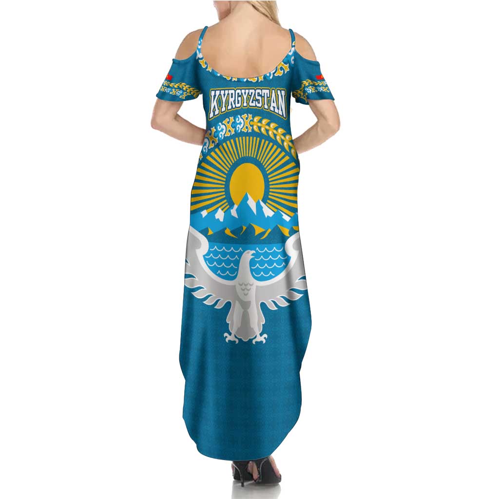 Kyrgyzstan Mountain Sunrise Family Matching Summer Maxi Dress and Hawaiian Shirt with Blue with Eagle, Sun, and National Flag Design