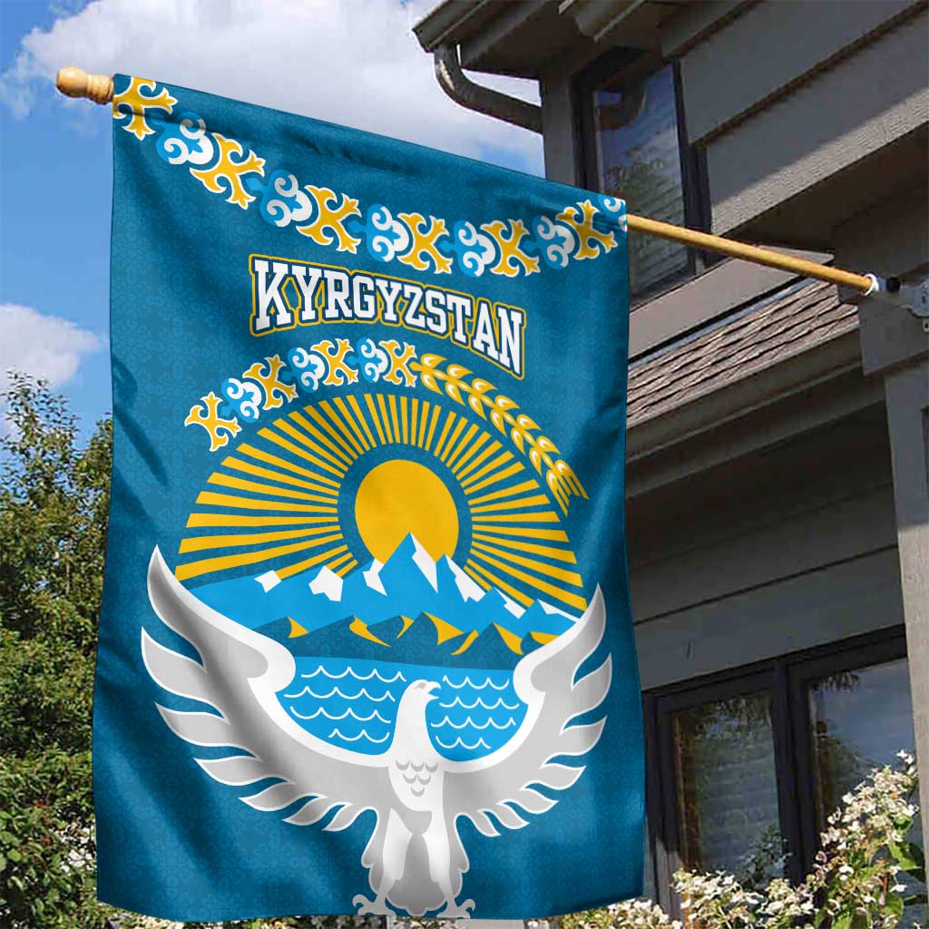 Kyrgyzstan Mountain Sunrise Garden Flag with Blue with Eagle, Sun, and National Flag Design