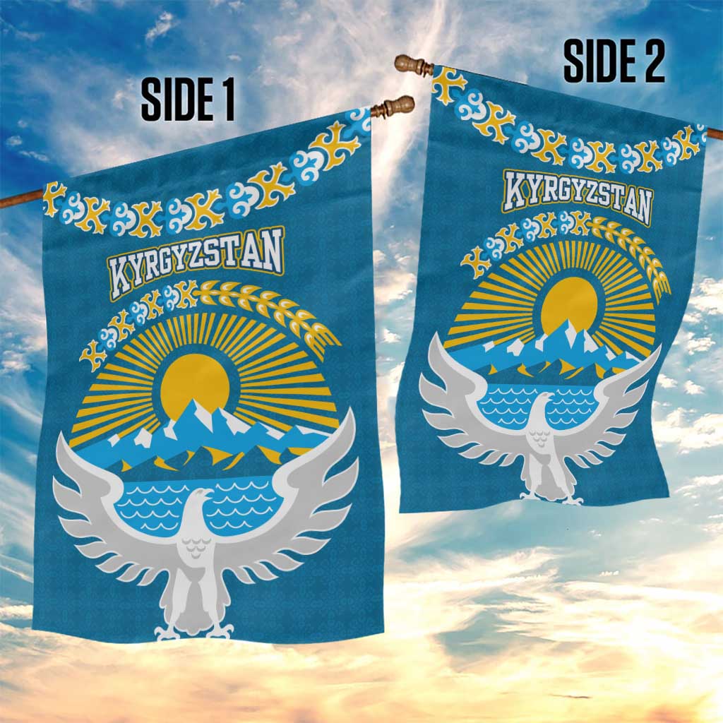 Kyrgyzstan Mountain Sunrise Garden Flag with Blue with Eagle, Sun, and National Flag Design