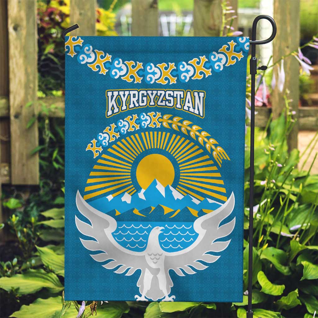 Kyrgyzstan Mountain Sunrise Garden Flag with Blue with Eagle, Sun, and National Flag Design