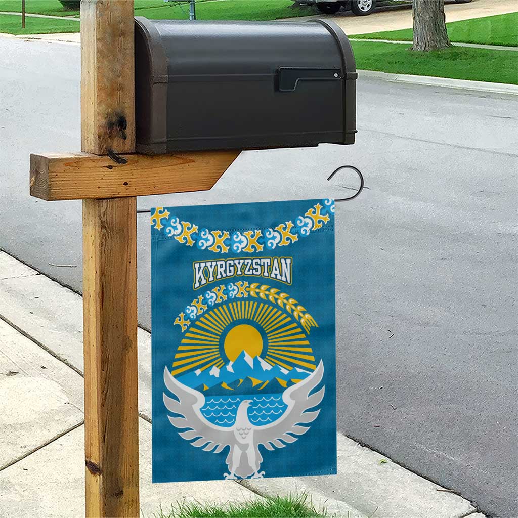 Kyrgyzstan Mountain Sunrise Garden Flag with Blue with Eagle, Sun, and National Flag Design