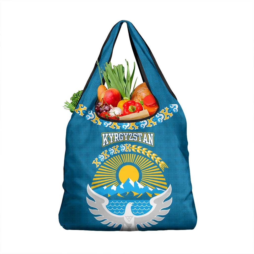 Kyrgyzstan Mountain Sunrise Grocery Bag with Blue with Eagle, Sun, and National Flag Design