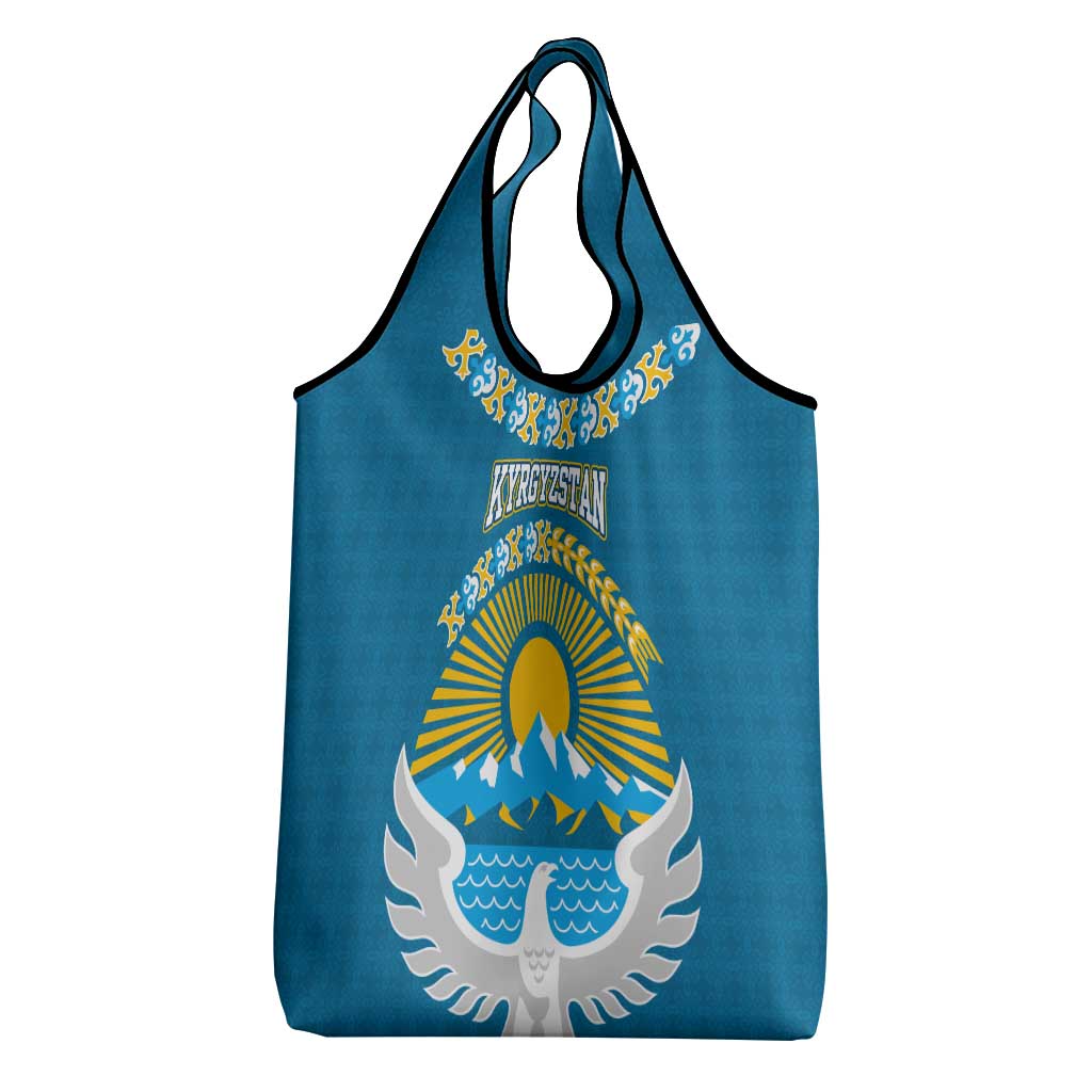 Kyrgyzstan Mountain Sunrise Grocery Bag with Blue with Eagle, Sun, and National Flag Design