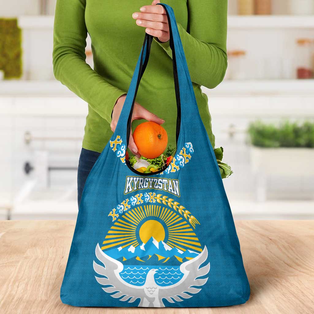 Kyrgyzstan Mountain Sunrise Grocery Bag with Blue with Eagle, Sun, and National Flag Design