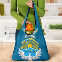 Kyrgyzstan Mountain Sunrise Grocery Bag with Blue with Eagle, Sun, and National Flag Design
