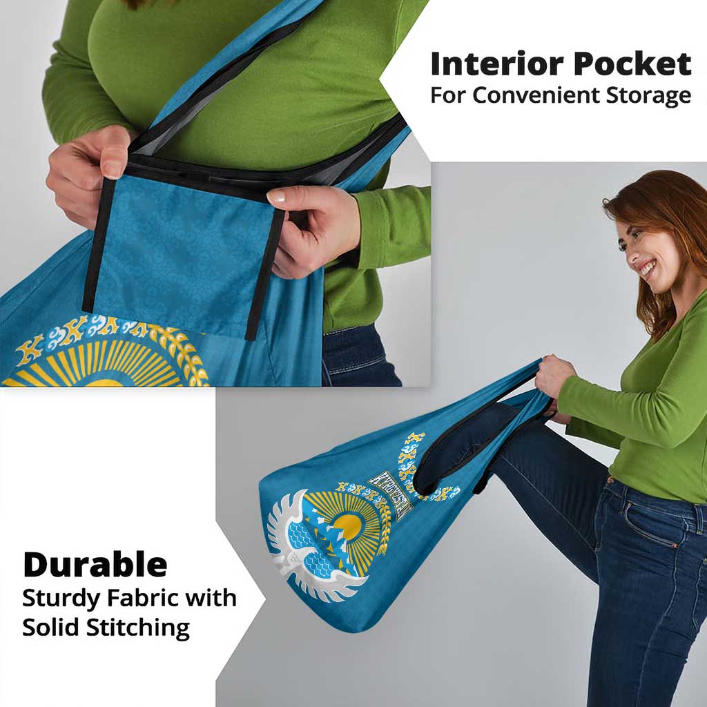 Kyrgyzstan Mountain Sunrise Grocery Bag with Blue with Eagle, Sun, and National Flag Design