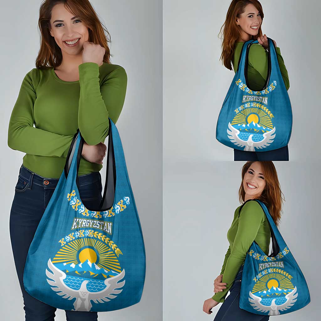 Kyrgyzstan Mountain Sunrise Grocery Bag with Blue with Eagle, Sun, and National Flag Design