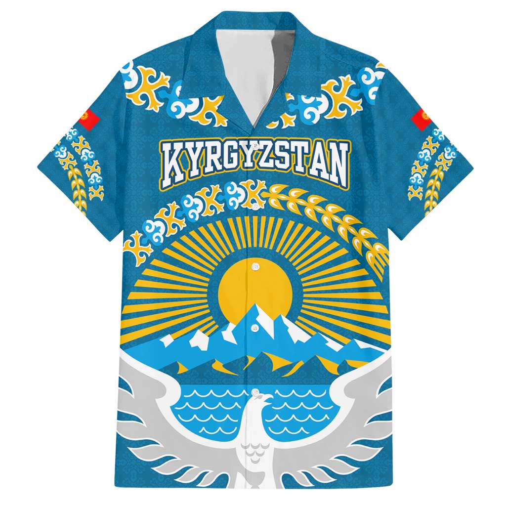 Kyrgyzstan Mountain Sunrise Hawaiian Shirt with Blue with Eagle, Sun, and National Flag Design