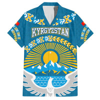 Kyrgyzstan Mountain Sunrise Hawaiian Shirt with Blue with Eagle, Sun, and National Flag Design