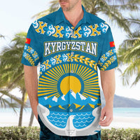 Kyrgyzstan Mountain Sunrise Hawaiian Shirt with Blue with Eagle, Sun, and National Flag Design