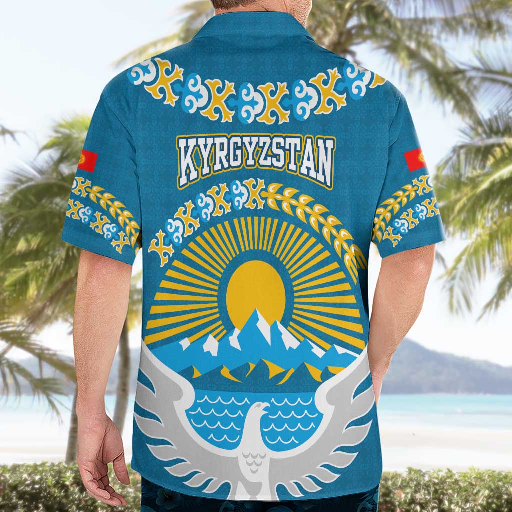 Kyrgyzstan Mountain Sunrise Hawaiian Shirt with Blue with Eagle, Sun, and National Flag Design