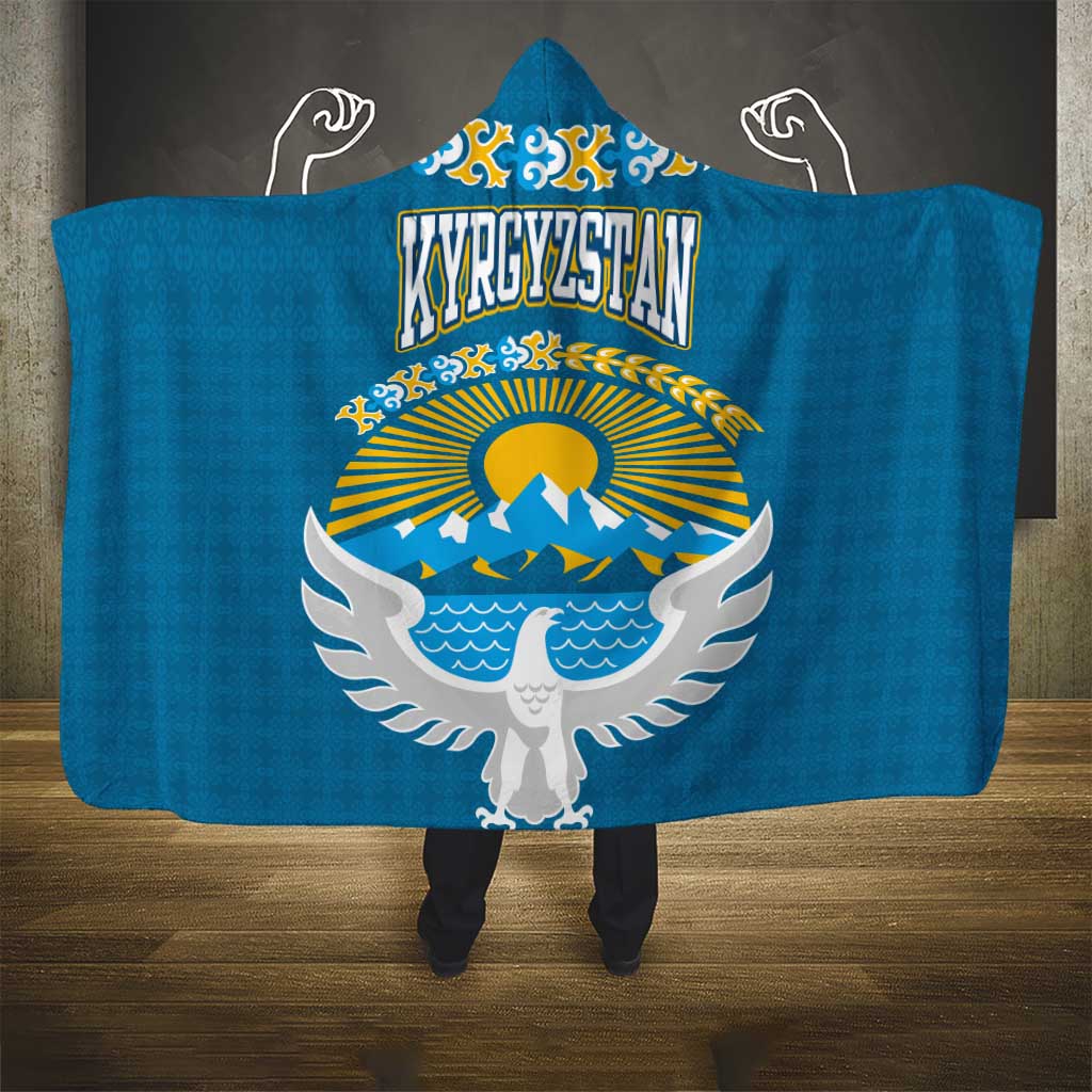Kyrgyzstan Mountain Sunrise Hooded Blanket with Blue with Eagle, Sun, and National Flag Design