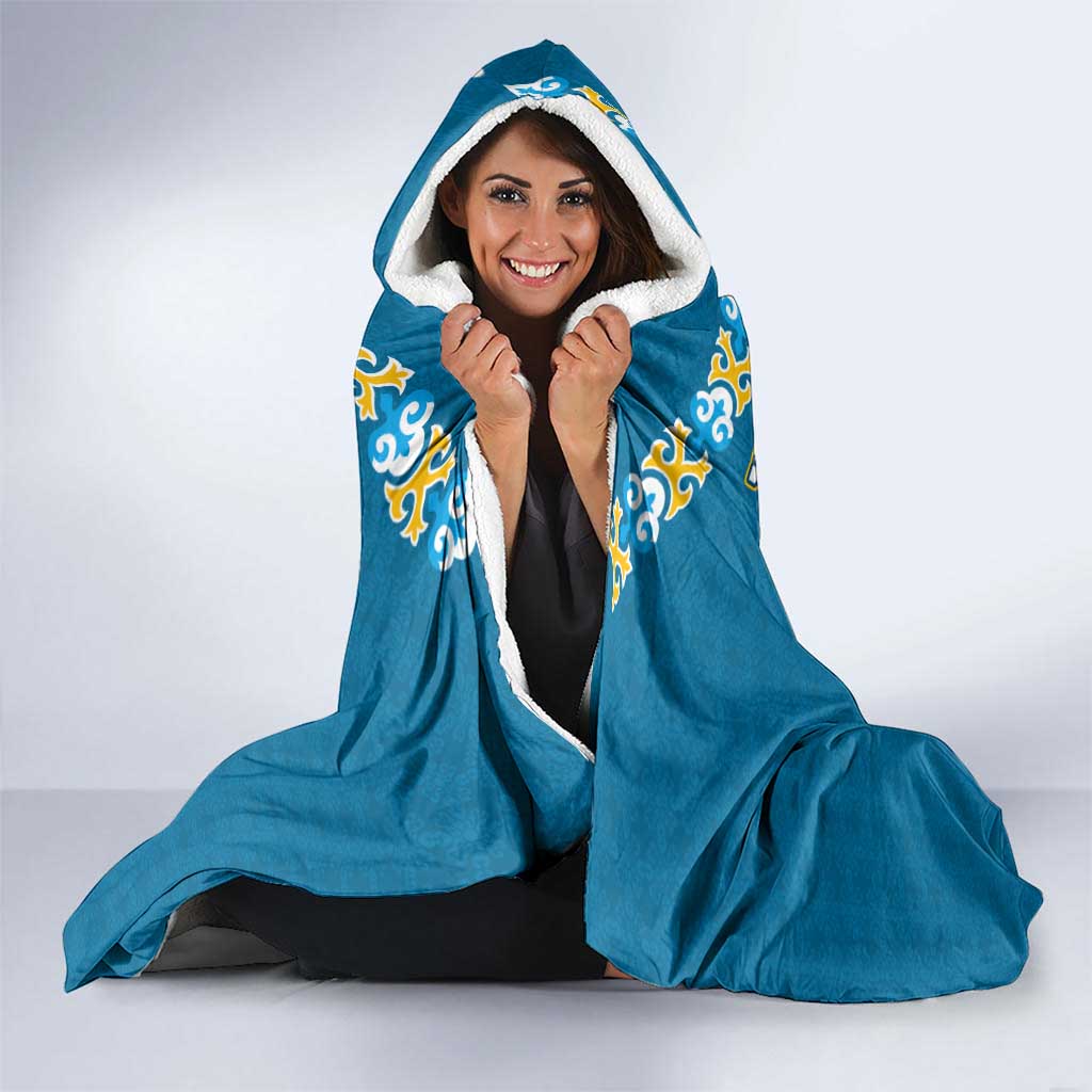 Kyrgyzstan Mountain Sunrise Hooded Blanket with Blue with Eagle, Sun, and National Flag Design