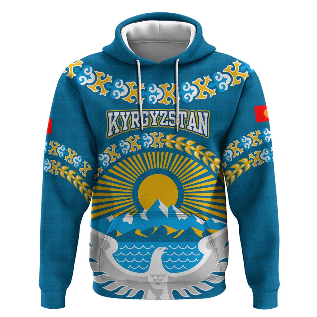 Kyrgyzstan Mountain Sunrise Hoodie with Blue with Eagle, Sun, and National Flag Design