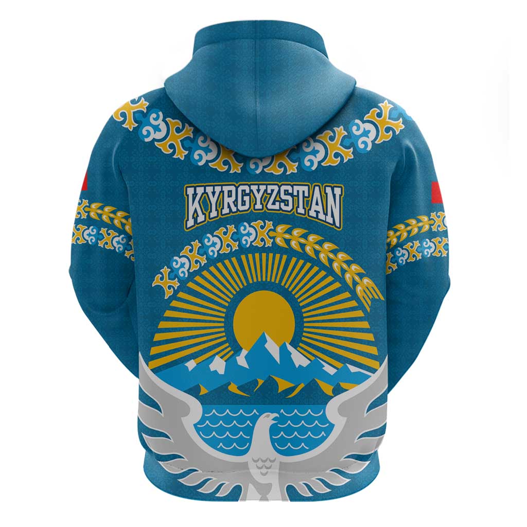 Kyrgyzstan Mountain Sunrise Hoodie with Blue with Eagle, Sun, and National Flag Design