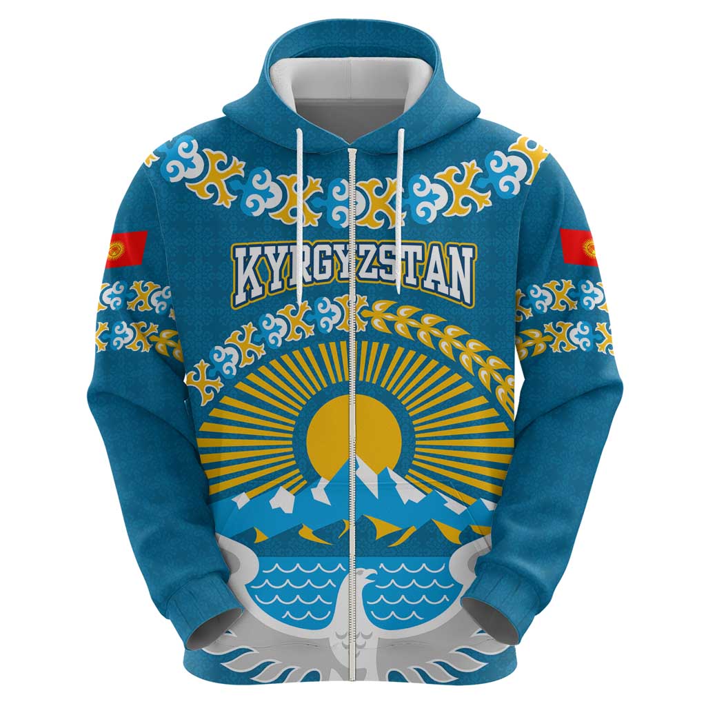Kyrgyzstan Mountain Sunrise Hoodie with Blue with Eagle, Sun, and National Flag Design