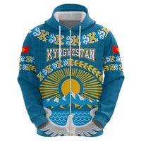 Kyrgyzstan Mountain Sunrise Hoodie with Blue with Eagle, Sun, and National Flag Design